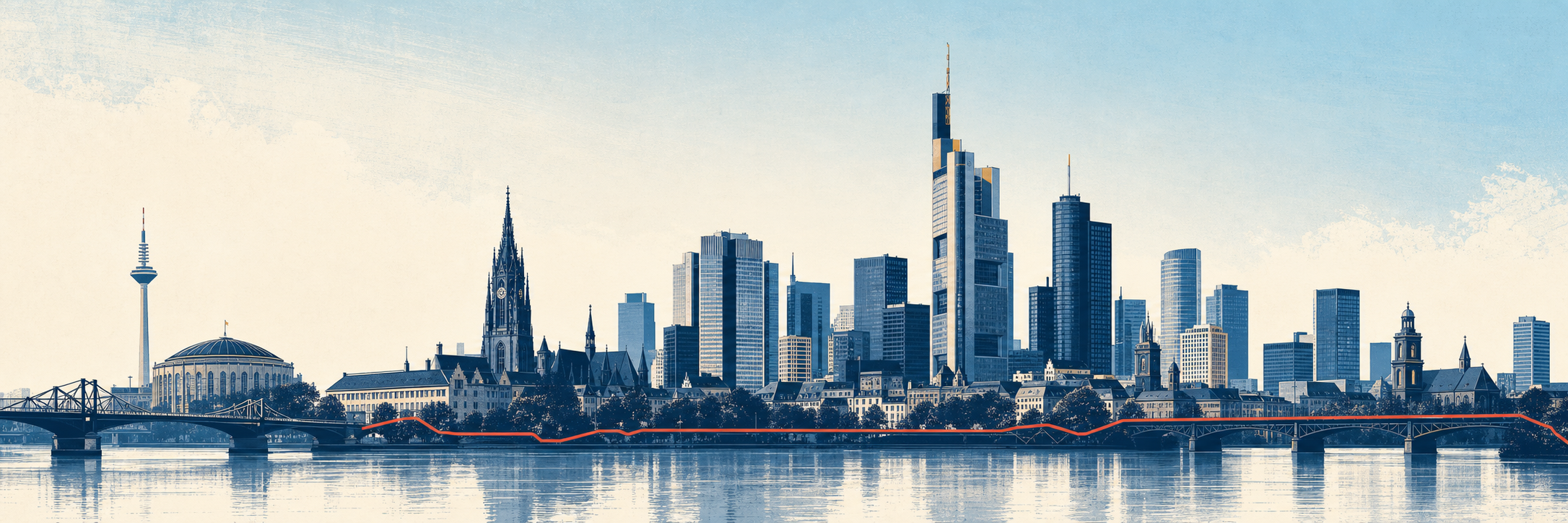 Illustrierte Skyline von Frankfurt am Main am Mainufer